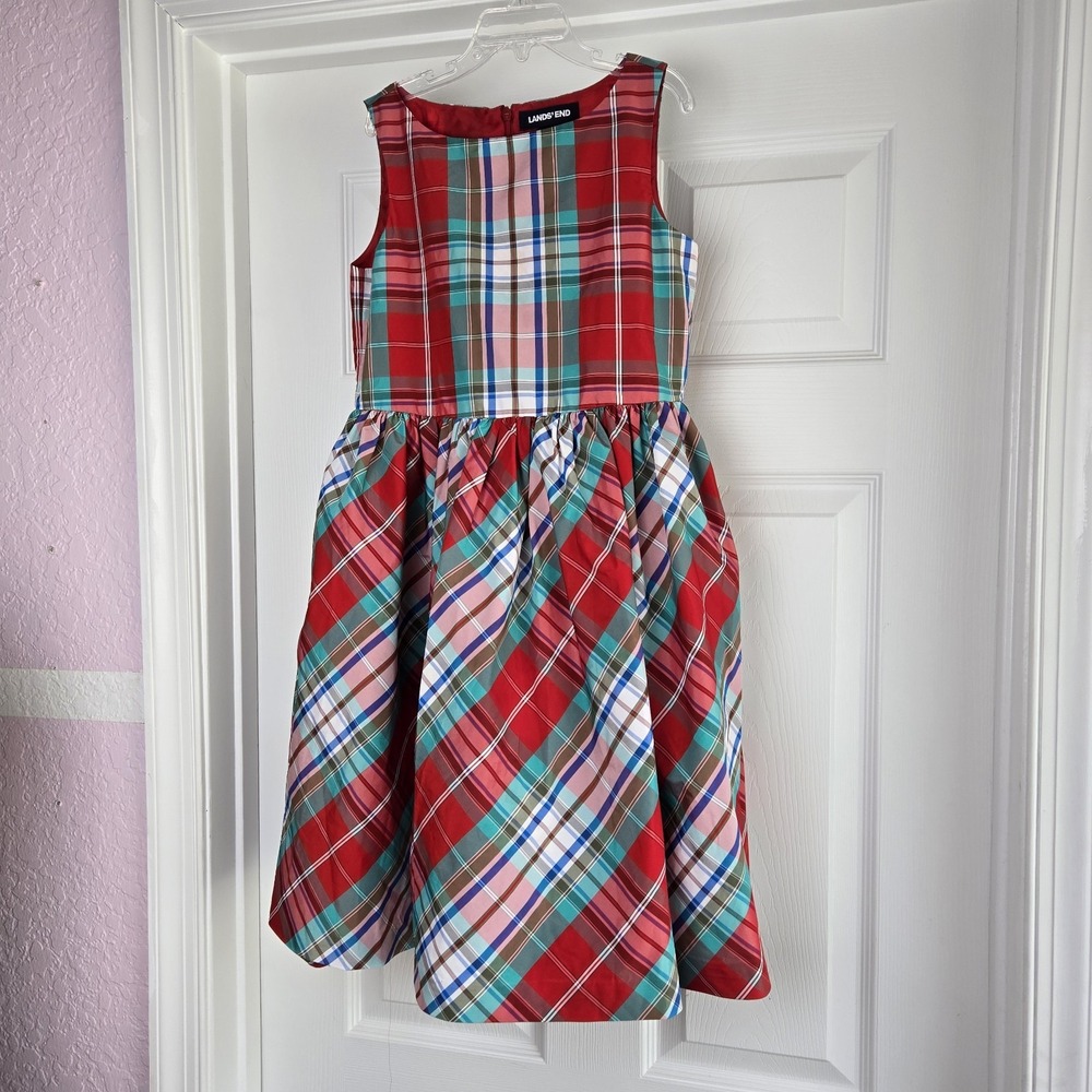 Lands' End Plaid Taffeta Holiday Party Dress Girls Size 10 Pockets Tulle Lined
